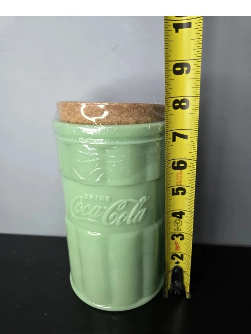 Green Jadeite Coca-Cola Glass Kitchen Canister New/Sealed 38ozw Cork Lid R.E.A.D